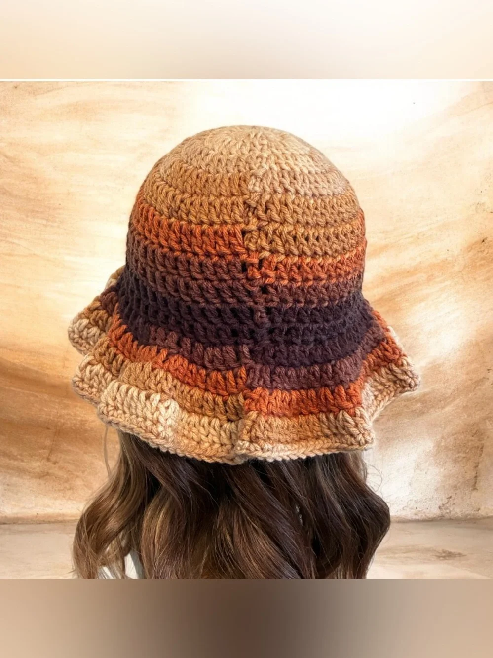 Handmade Crochet Ruffled Bucket Hat - Brown Multi - Picture 4 of 4